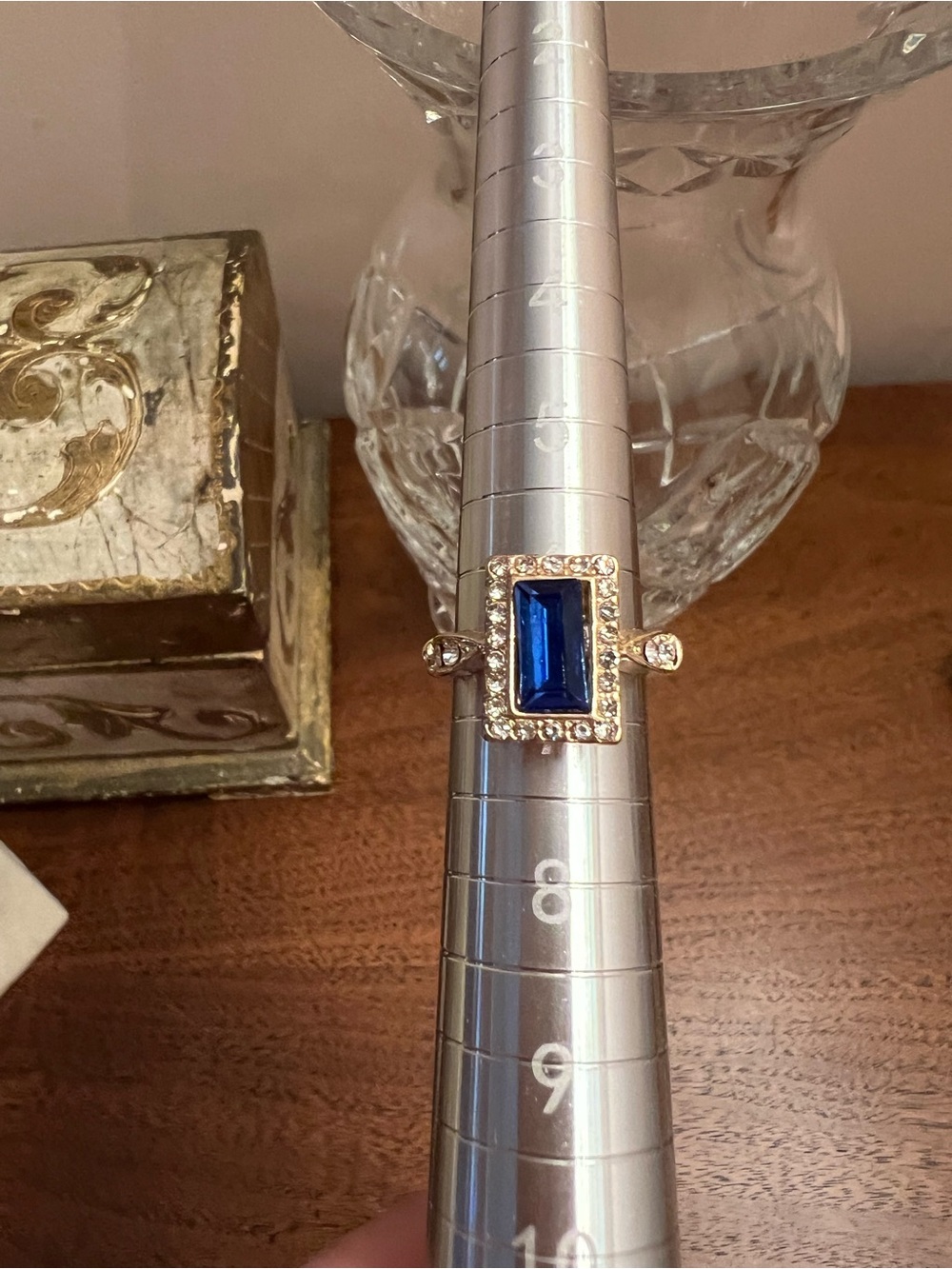 Blue Emerald-Cut Halo Ring with Gold Tone Band - Picture 2 of 6